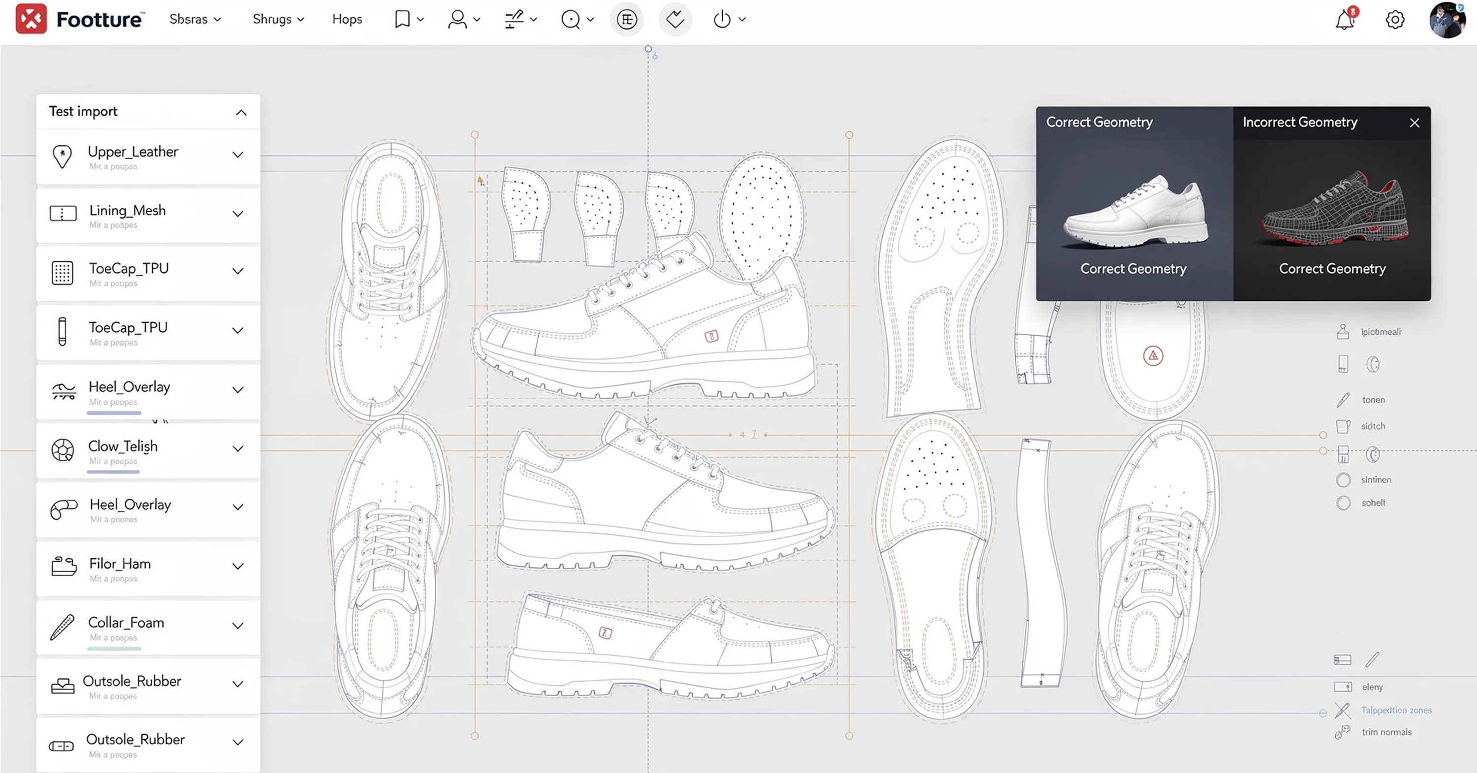 A detailed view of professional footwear CAD design software displaying technical shoe blueprints, components, and geometry validation for product development