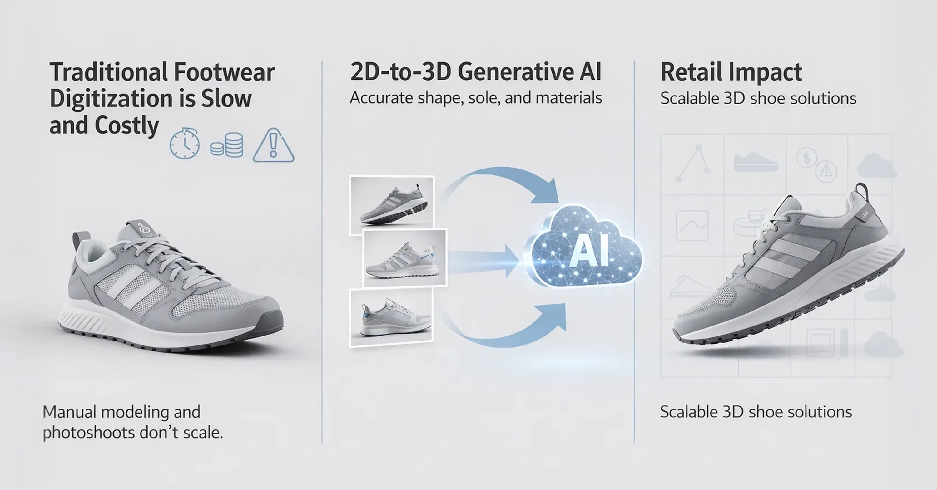 A visual explains how 2D-to-3D generative AI accelerates footwear digitization, replacing slow manual modeling with scalable, retail-ready 3D shoe assets
