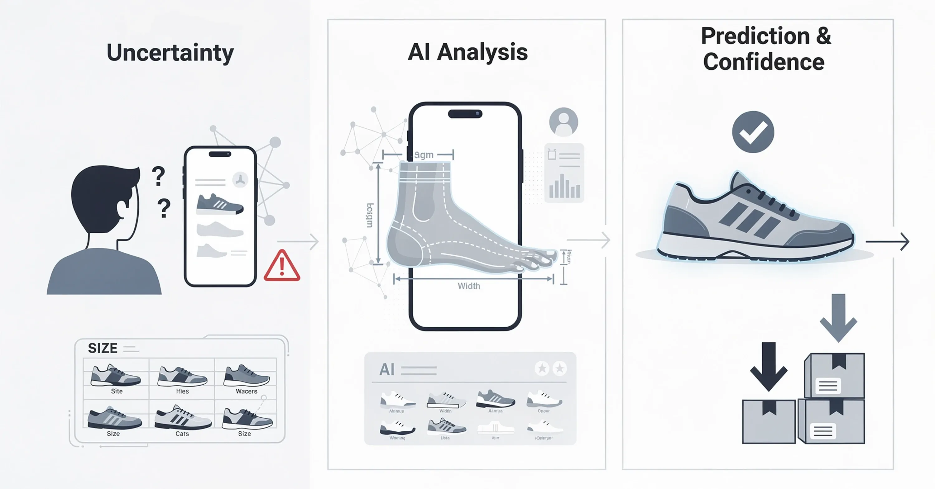 Illustration showing how AI-powered shoe size prediction reduces customer uncertainty by analyzing foot measurements via smartphone and improving confidence in online footwear purchases