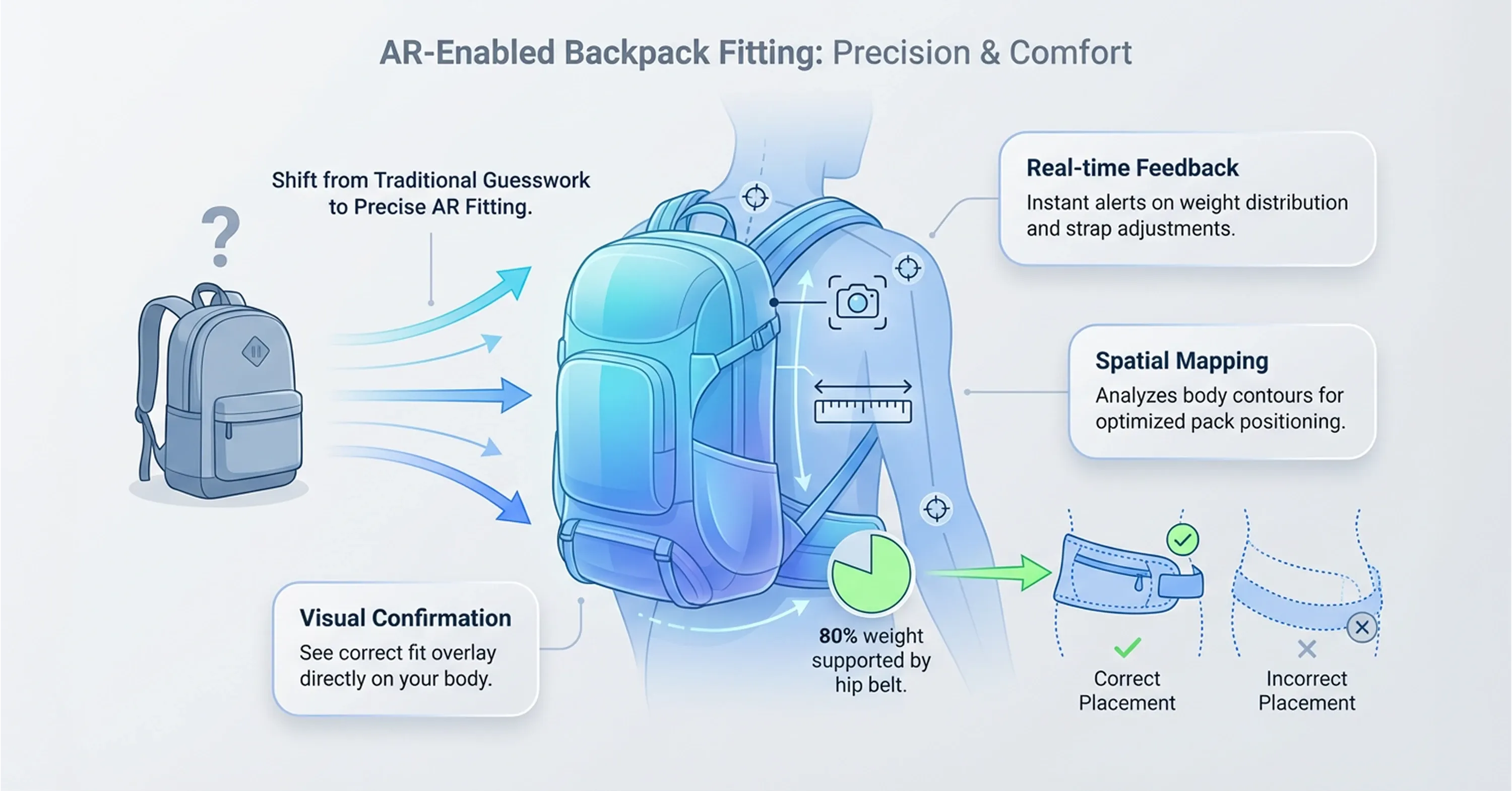 Diagram showing AR-enabled backpack fitting technology with spatial body mapping, real-time feedback, and correct weight distribution using hip belt support