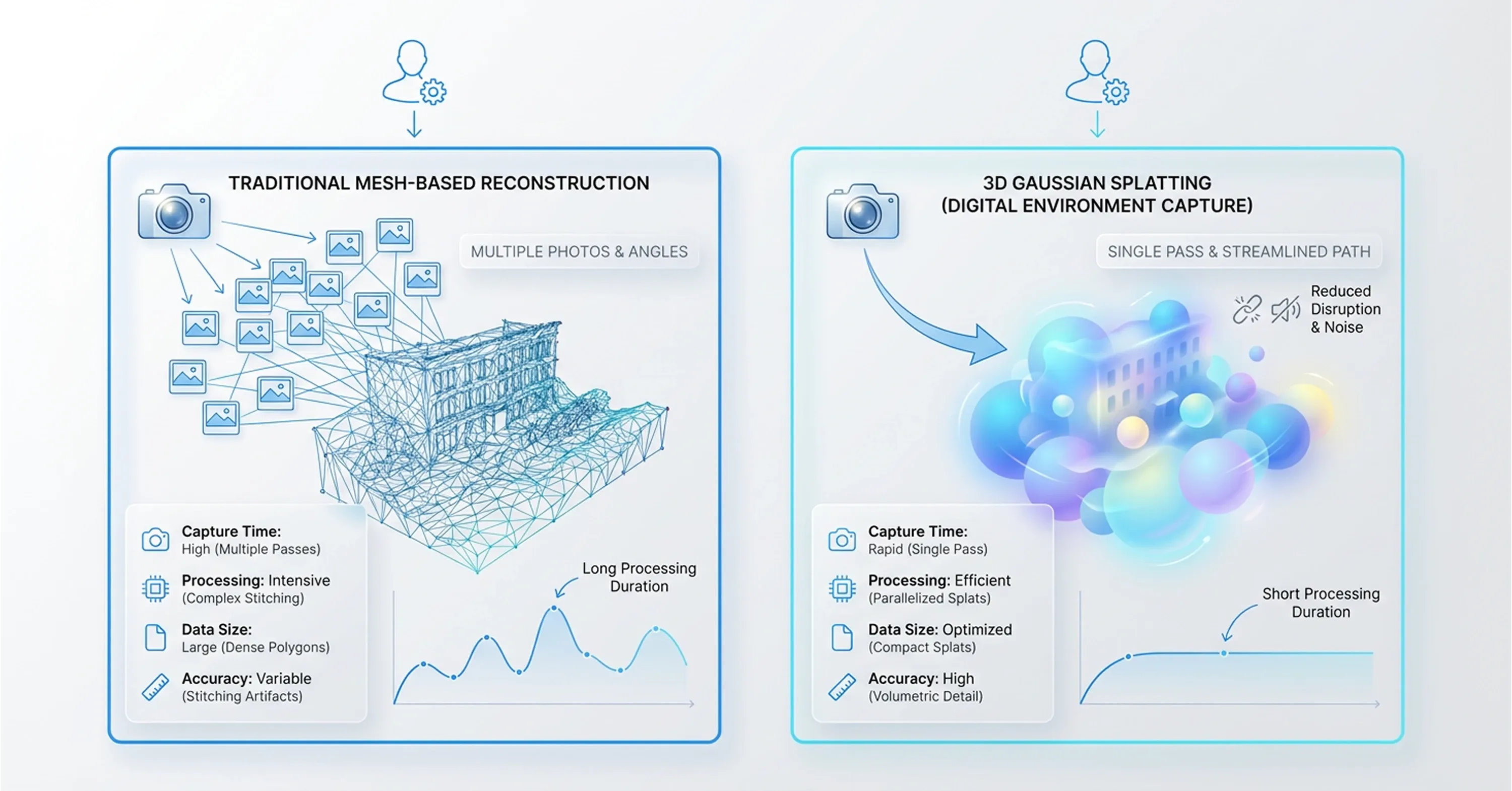 Comparison diagram showing traditional mesh-based 3D reconstruction versus 3D Gaussian splatting for faster digital environment capture