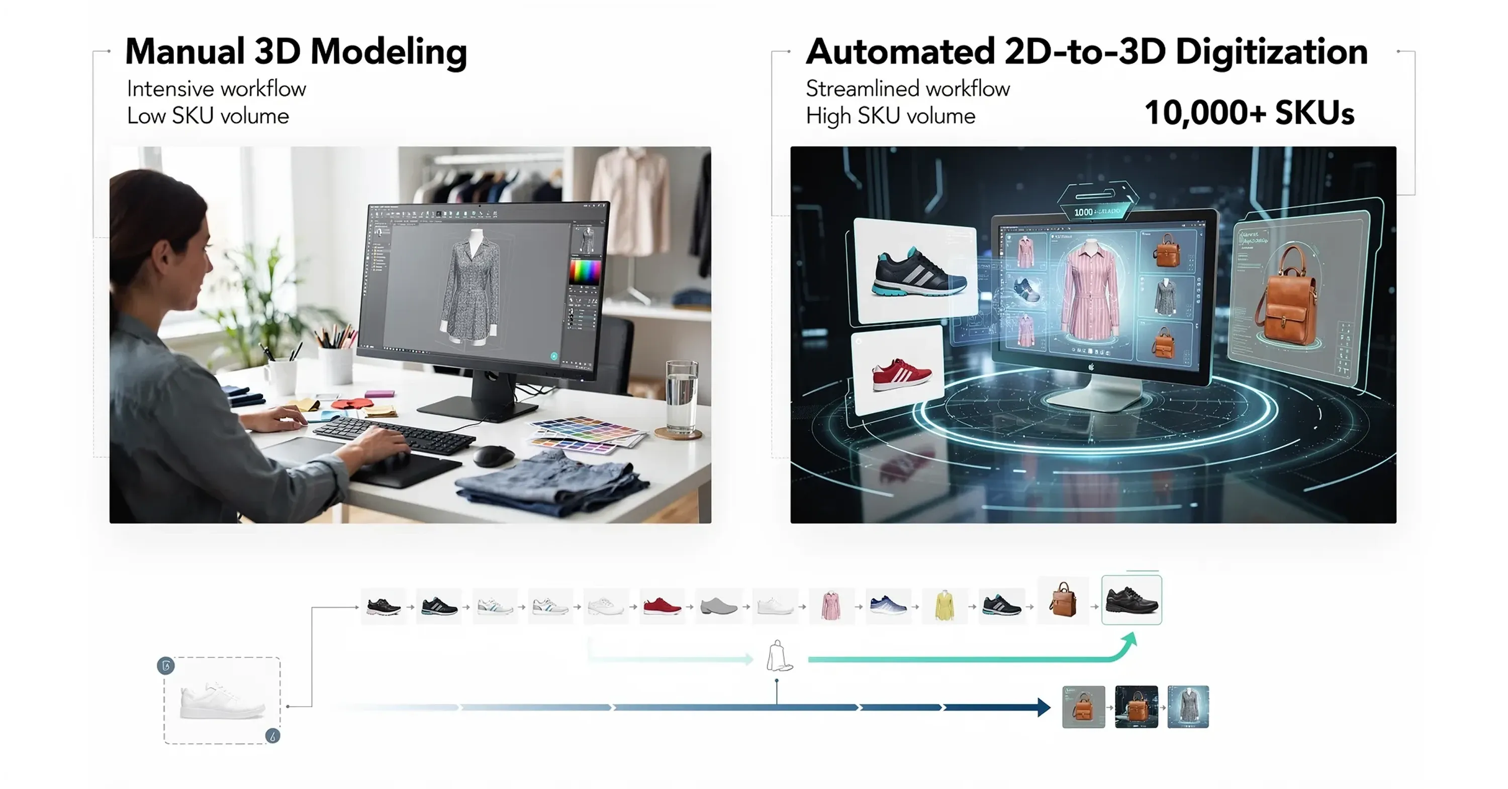 Side-by-side comparison of manual 3D garment modeling and automated 2D-to-3D digitization, showing fashion product visualization, high-volume SKU processing, and AI-driven apparel rendering workflows