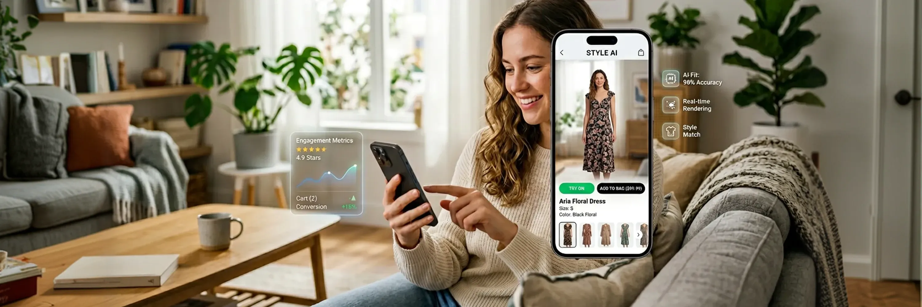 Shopper trying on virtual clothing on a phone with low engagement metrics overlaid